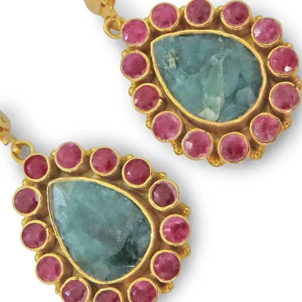18K Sterling Silver Genuine Emerald-Ruby Gem Stone Earring